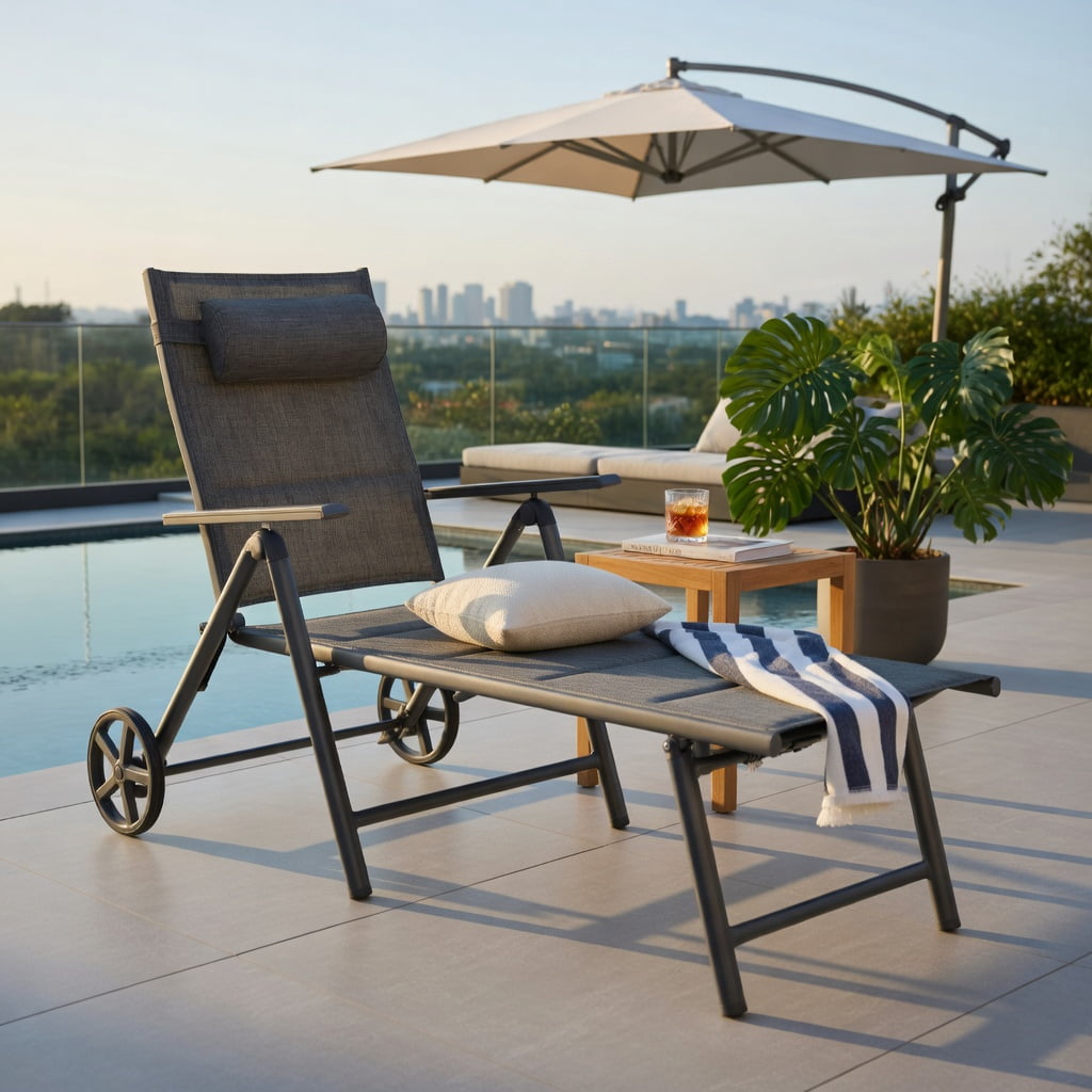 Hommoo Adjustable Aluminum Patio Chaise Lounge Chair with Neck Pillow, 7-Position Reclining, All-Weather Fabric, Rolling Wheels & Foldable Design, Gray