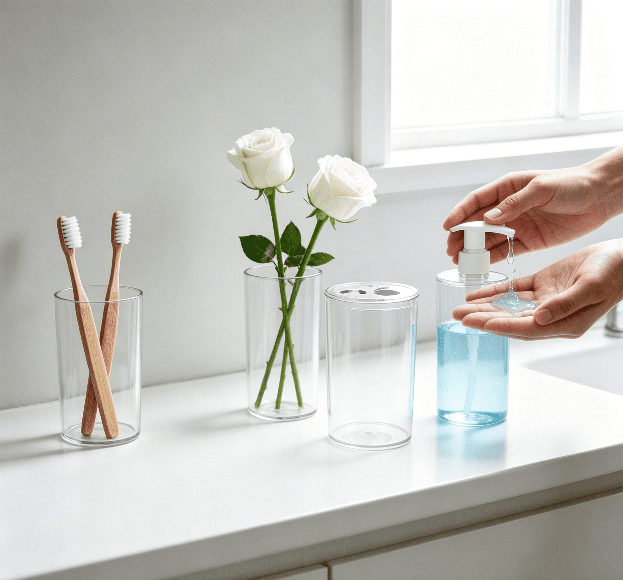 Koomade Clear Plastic 3 Toothbrush Holders + 1pc Soap Dispenser Bathroom Organization Set