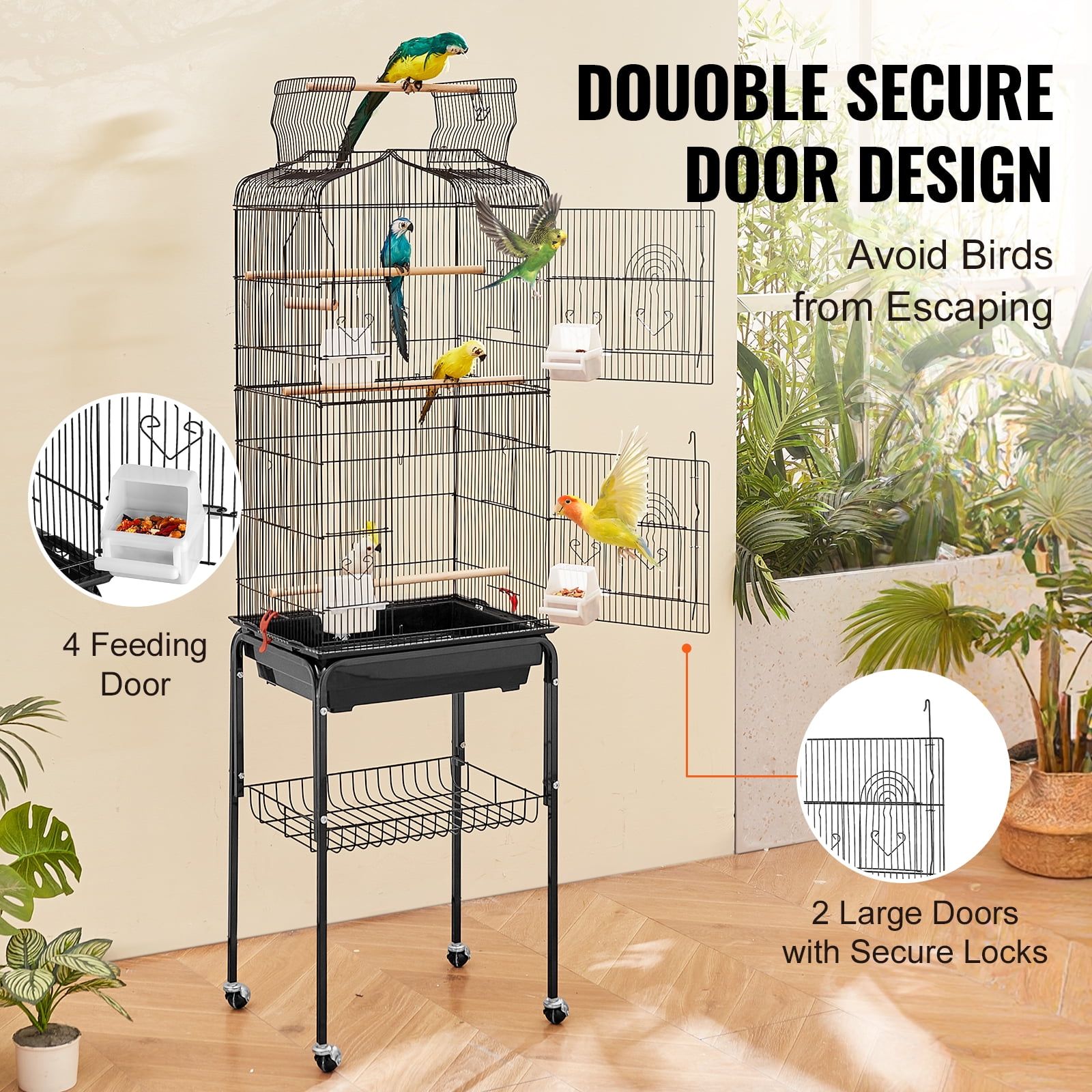 KFFKFF Spacious Bird Enclosure, 62 inches, Uncovered Top Canary Habitat with Mobile Base, Iron Aviary with Detachable Pan, Finch Birdhouse with 4 Roosts, Lovebird and Cockatiel Pet Playhouse