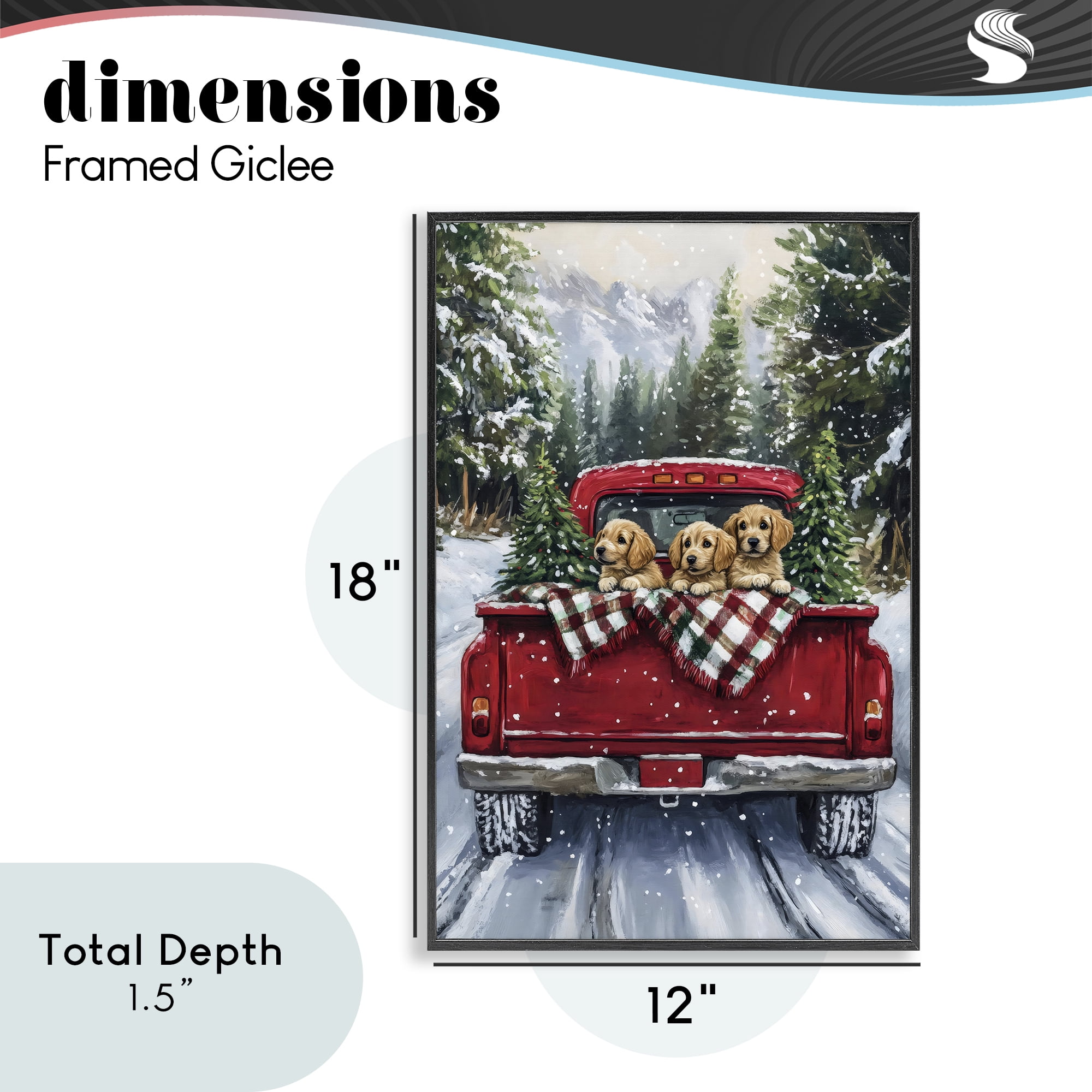 Golden Pups Christmas Truck Black Framed Giclee Art, design by Petal Prints Design