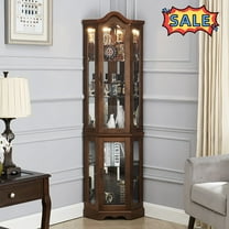 Tcbosik Display Curio Cabinet with Lights and Tempered Glass Doors, Corner Cabinet with Adjustable Shelves and Mirrored Back for Bar and Liquor Storage, Walnut (E26 Light Bulb Not Included)