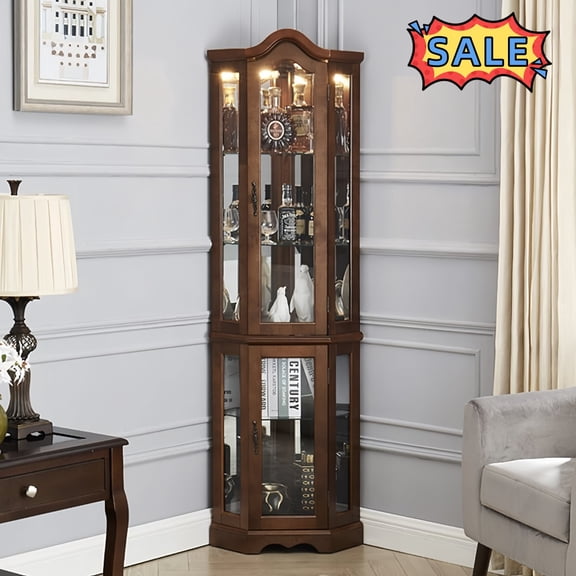 Tcbosik Display Curio Cabinet with Lights and Tempered Glass Doors, Corner Cabinet with Adjustable Shelves and Mirrored Back for Bar and Liquor Storage, Walnut (E26 Light Bulb Not Included)