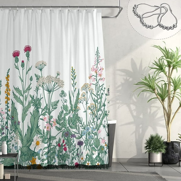 Green Floral Shower Curtain, Spring Cute Wild Flower Herb Plant Nature Shower Curtain, Country Aesthetic Shabby Chic Botanical Decorative Fabric Shower Curtain for Bathroom Decor, 72 x 72