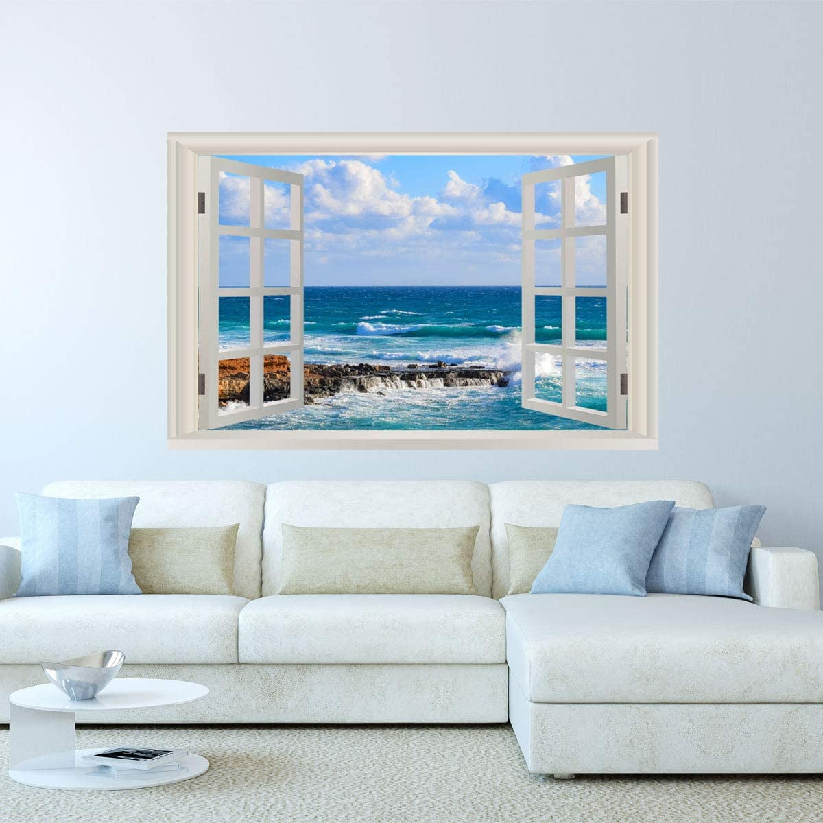 VWAQ 3D Beach View Window Wall Decal Sticker Peel and Stick Ocean