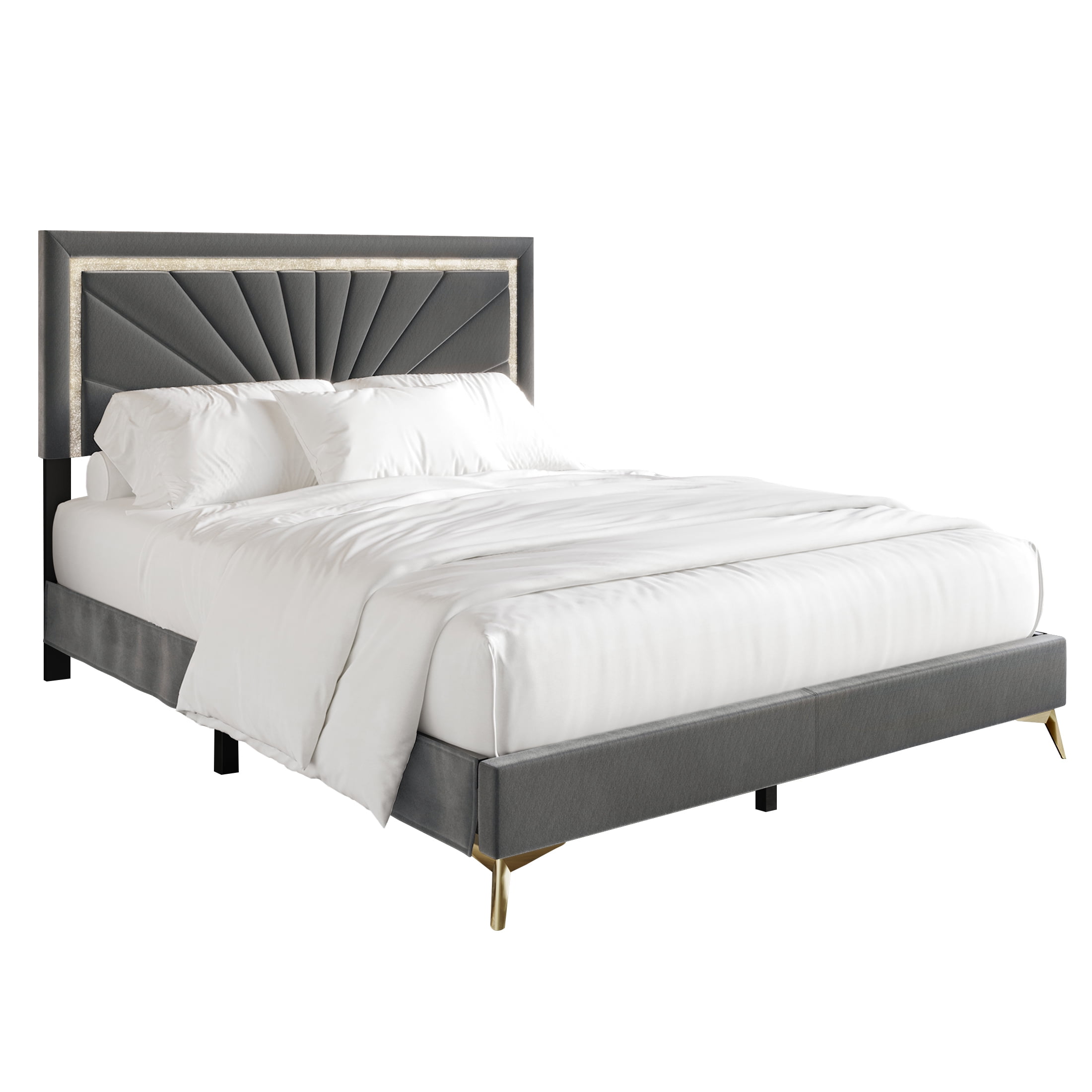 Castle Place Luxurious Diamond Strip Velvet Upholstered Bed Light Grey, Twin