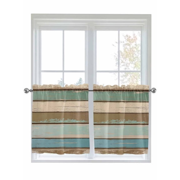 Green Blue Brown Farmhouse Kitchen Curtains Tier 36 Inch Length, Vintage Wood Rod Pocket Light Filtering Window Curtains Living Room Bedroom Curtain Drapes Cafe Curtain Window Treatment 27.5''x36''x2