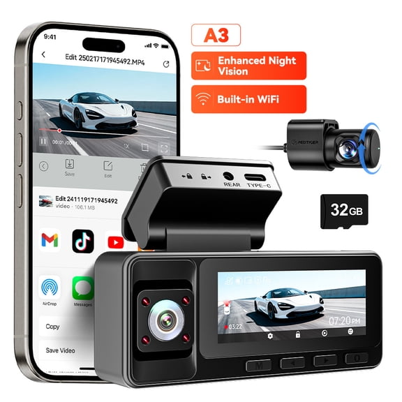 REDTIGER A3 Dash Camera,  3 Channel, 2.5K Front   1080P Dash Cam Front and Rear and Inside, Free 32GB Card, WiFi Car Security Camera, WDR Night Vision, 24H Parking Monitor