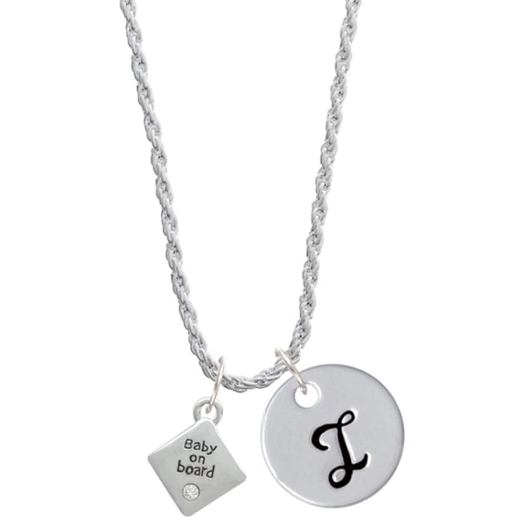Delight Jewelry Silvertone 2-D ''Baby on Board'' Sign with Foot Print Silvertone Script Initial Disc - I - Charm Necklace, 20"+3"
