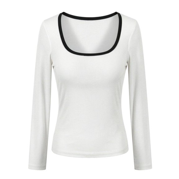 Arlun Womens Long Sleeve Color Block Scoop Neck Shirt Fall Lightweight Ribbed Knit Y2k Going out Tops Soft Comfy Winter Stretchy Base Layer Thermal Undershirts Daily Wear 1-White XS