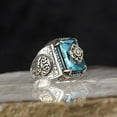 thumbnail image 2 of Vintage Tribal Texture Inlaid Aquamarine Zircon Ring Mens Geometric Alloy Band With Electroplating Durable Shine, 2 of 4