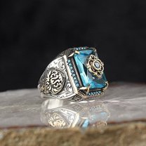 Vintage Tribal Texture Inlaid Aquamarine Zircon Ring Mens Geometric Alloy Band With Electroplating Durable Shine