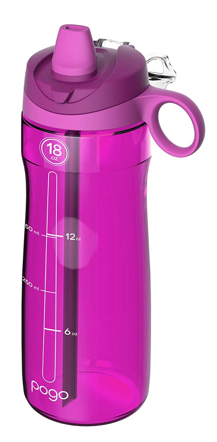 BPA-Free Pogo Plastic Water Bottle with Soft Straw, Fuchsia, 18 oz.