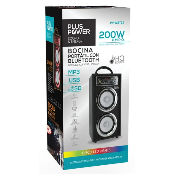 BOCINA PORTATIL CON BLUETOOTH, MICRO SD, USB, AUXILIAR BATERIA RECARGABLE 200W PLATA Plus Power PP-WBT24SL