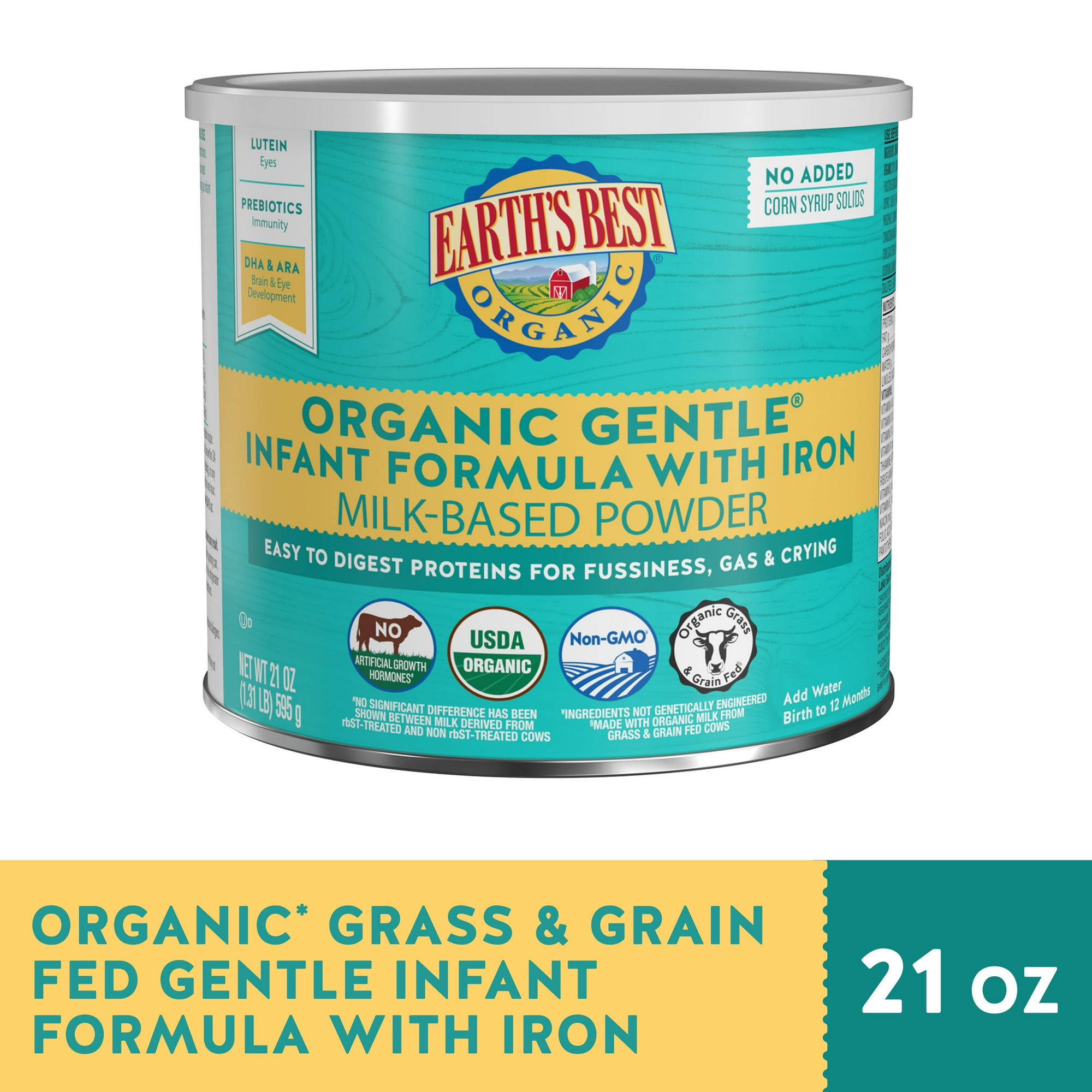 Earth's Best Organic Gentle Powder Baby Formula with Iron DHA & ARA, 21 oz Canister