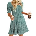 thumbnail image 3 of Womens Casual Summer Dresses Short Sleeve Square Neck Smocked Boho Floral Sundress Flowy A-Line Mini Dress Green S, 3 of 7