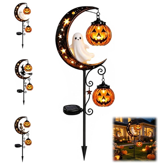 Pumpkin Moon Garden Stake Light | Solar Halloween White Cute Ghost Garden Stake Light, Hanging Jack-o'-Lantern Lantern for Garden, Patio, Walkway, Porch