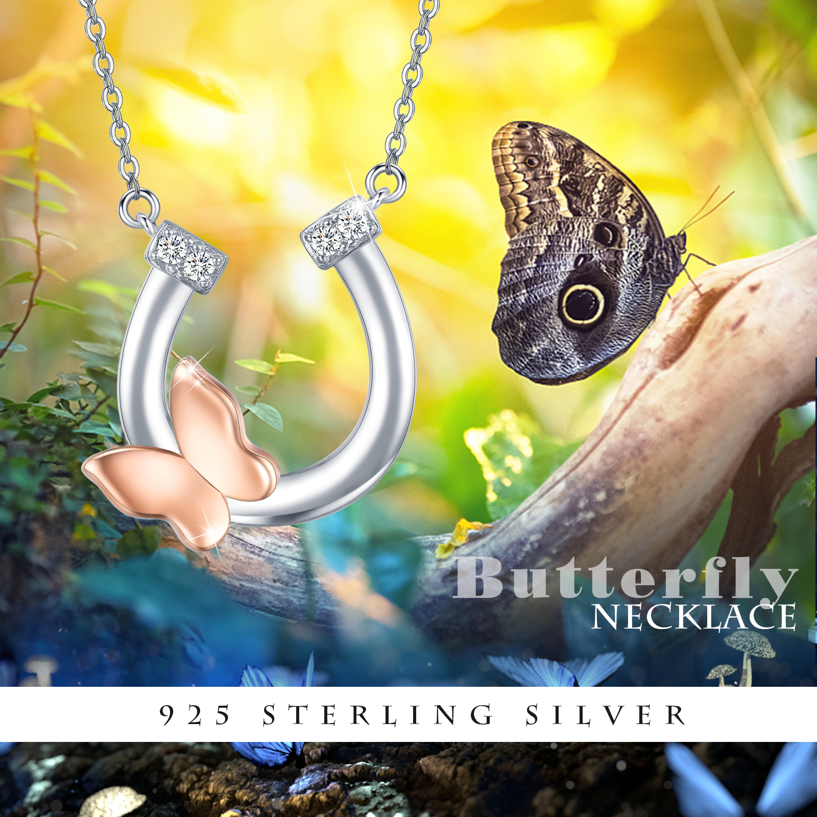 Cuoka Horseshoe Necklace 925 Sterling Silver Butterfly Pendant Necklaces for Women Mom Wife Fashion Jewelry Birthday Christmas Gifts