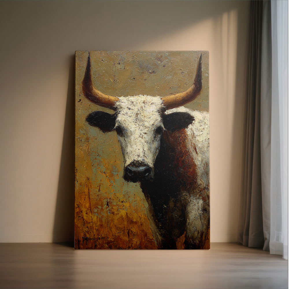 1pc Western - style Long - horned Cow Canvas Painting, framed Decor room hanging Wall Picture Decor for Home Gifts, living room, bathroom, bedroom, kitchen wall art decor canvas wall art