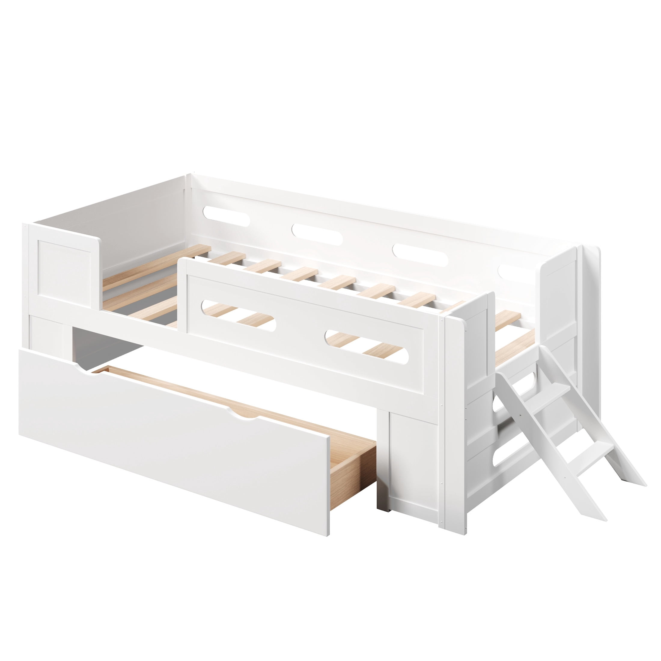 Noble House Genrix Twin Size Pine Wood Platform Bed with Guardrail and Storage Drawer, Kids Bed Frame, White