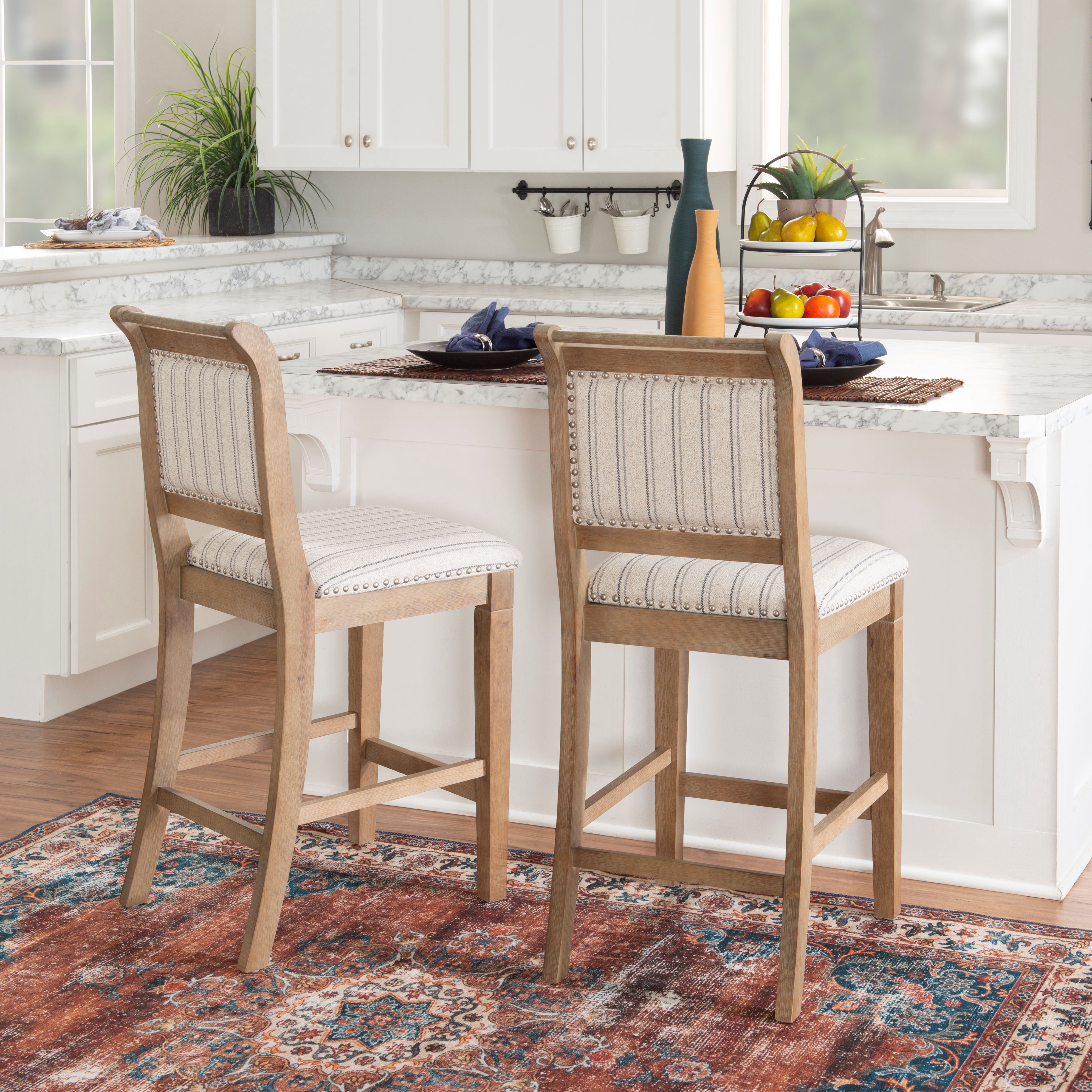 Linon Findley 26" Mid Back Indoor Wood Counter Stool, Gray wash/Natural Stripe