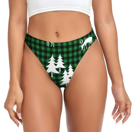 JUNZAN Christmas tree green plaid Print Women s Sexy G-String Underwear Thongs Seamless Panties Undies Low Rise Thong Panties for Everyday Wear Yoga & Special Occasion-XX-Large