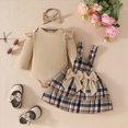 thumbnail image 2 of HCNTES Girls Clothes Baby Girl Matching Outfit Sets 3 6 9 12 18 Months Newborn Long Sleeve Solid Romper Bodysuit Plaid Strap Dress Headband 3PCS Toddler Fall Winter Vintage Clothing, 2 of 7