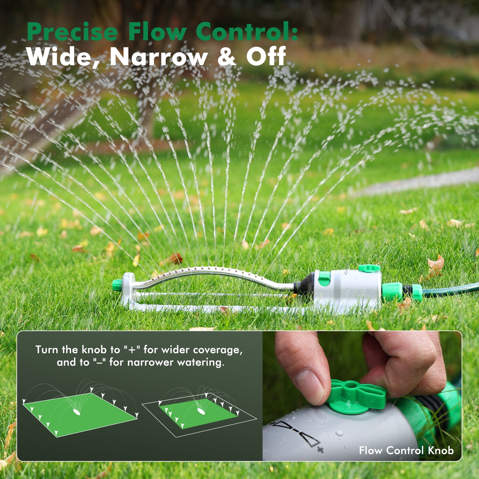 Restmo Heavy Duty Oscillating Sprinkler with 18 Brass Nozzles, Stable Metal Base, Covers Up to 3,600 Sq. Ft., Adjustable Flow & Width Sprinkler for Garden, Flower Beds, Large Area Watering