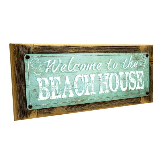 Framed, Outdoor Welcome to Our Beach House 4"x12" Metal Sign, Wall Décor for Beach House