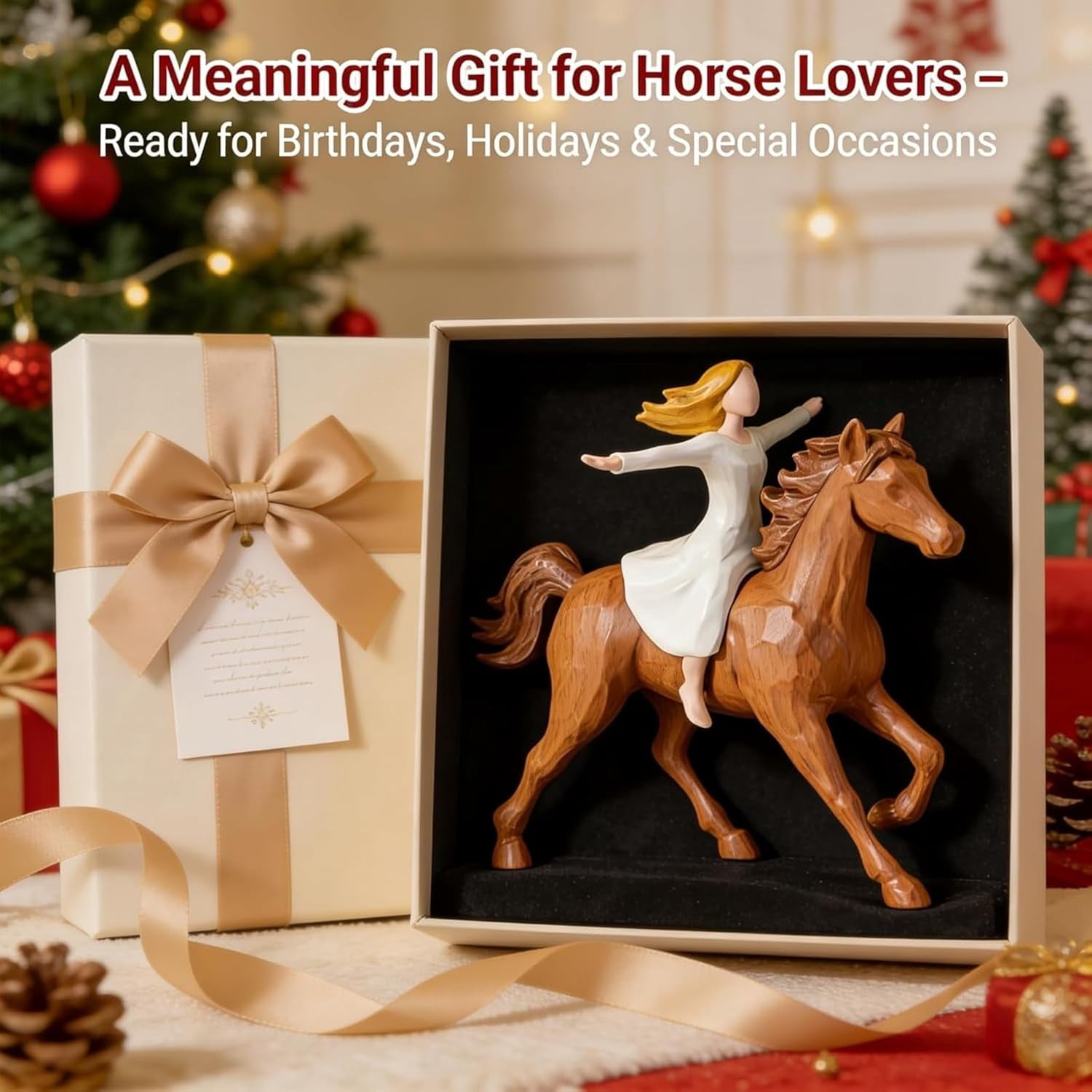 Handmade Resin Girl Riding Horse Figurine, Durable Equestrian Statue Home Decor for Girls & Horse Lovers, Tabletop Memorial Birthday Gift (1 Piece Cream)