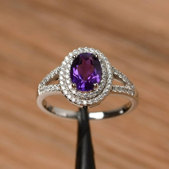 halo natural amethyst ring wedding ring February birthstone sterling silver ring oval cut purple gemstone ring