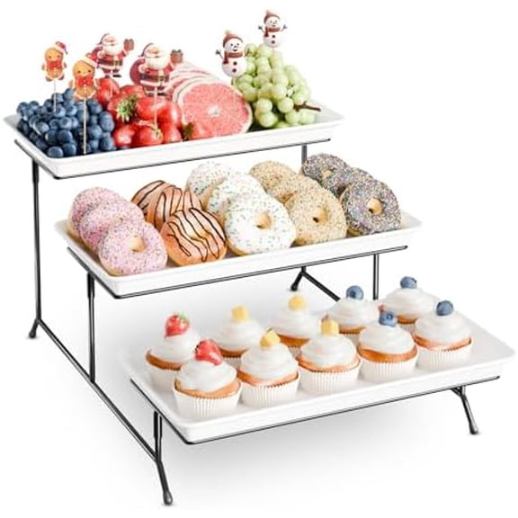 3-Tier  Serving Tray Set, 11.5" x 5.6" Platters for Serving Food, White Reusable Trays with Black Metal Display Stand for Cupcakes, Sevring Food, Dessert, Fruit, Cookie, Black