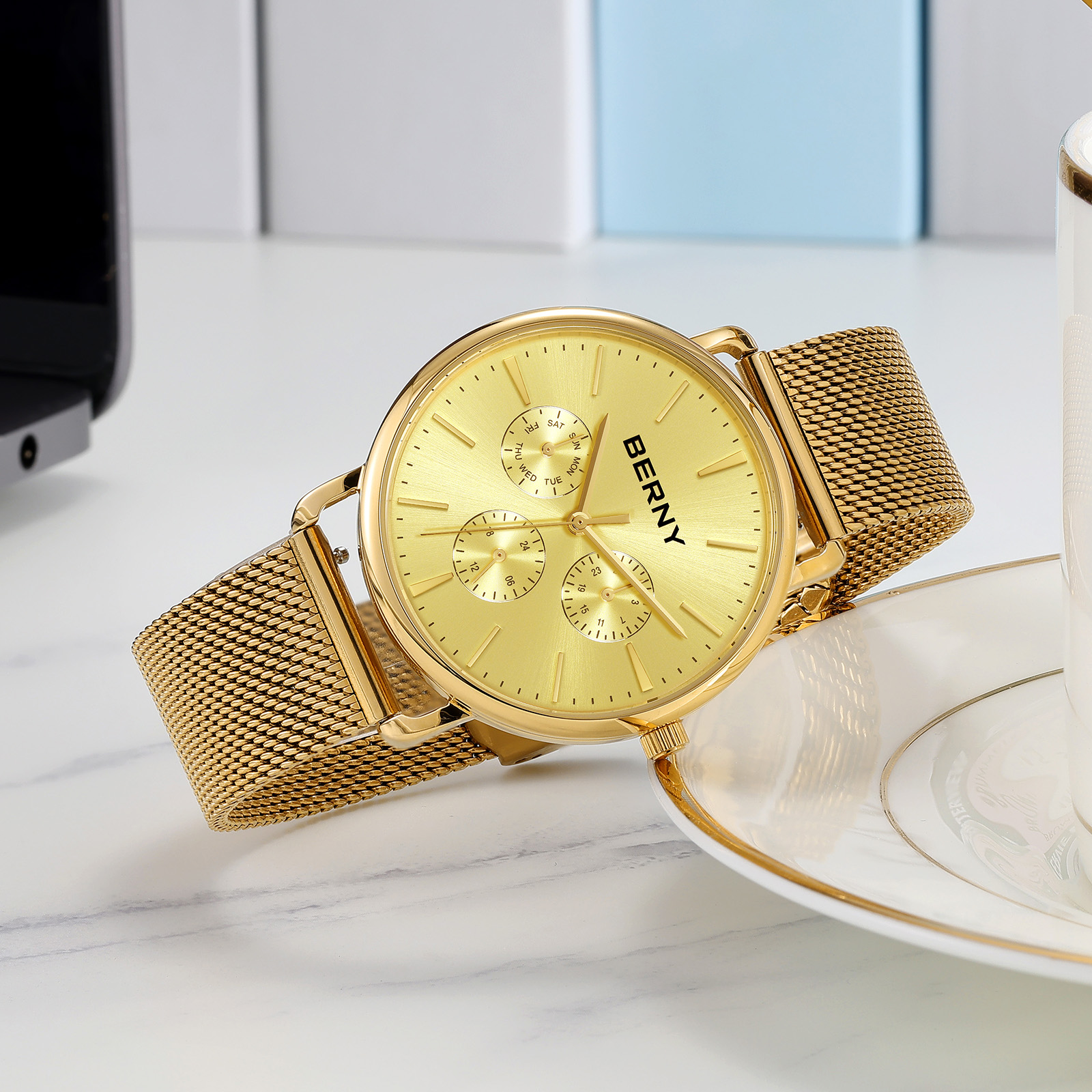 BERNY Quartz Watch for Unisex ( Men and Women), Classic Waterproof Men's Wirstwatch with Multifunctional Dials, Quick Release Stainless Steel Mesh Band, Gold Dial