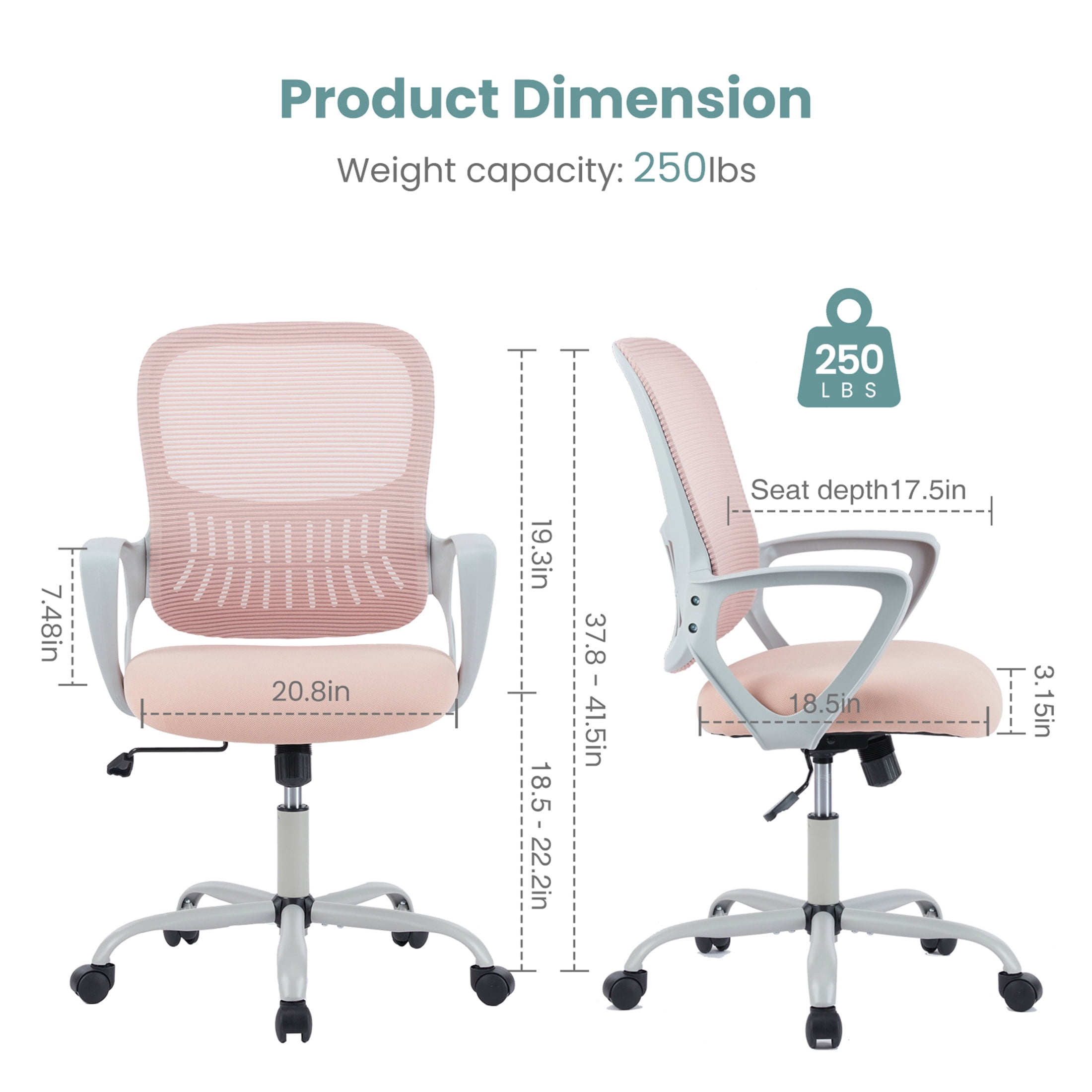 CONCETTA Ergonomic Home Office Desk Chair, Mid-Back Mesh Swivel Chairs with Wheels for Adults, Pink
