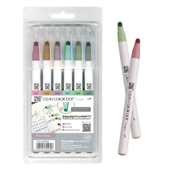 Kuretake CLEAN COLOR DOT Single Mild Smoky 6 colors Ensemble, Flexible DOT tip marker, for Journals, Crafts, Illustration, Lettering, Planners, Made in Japan