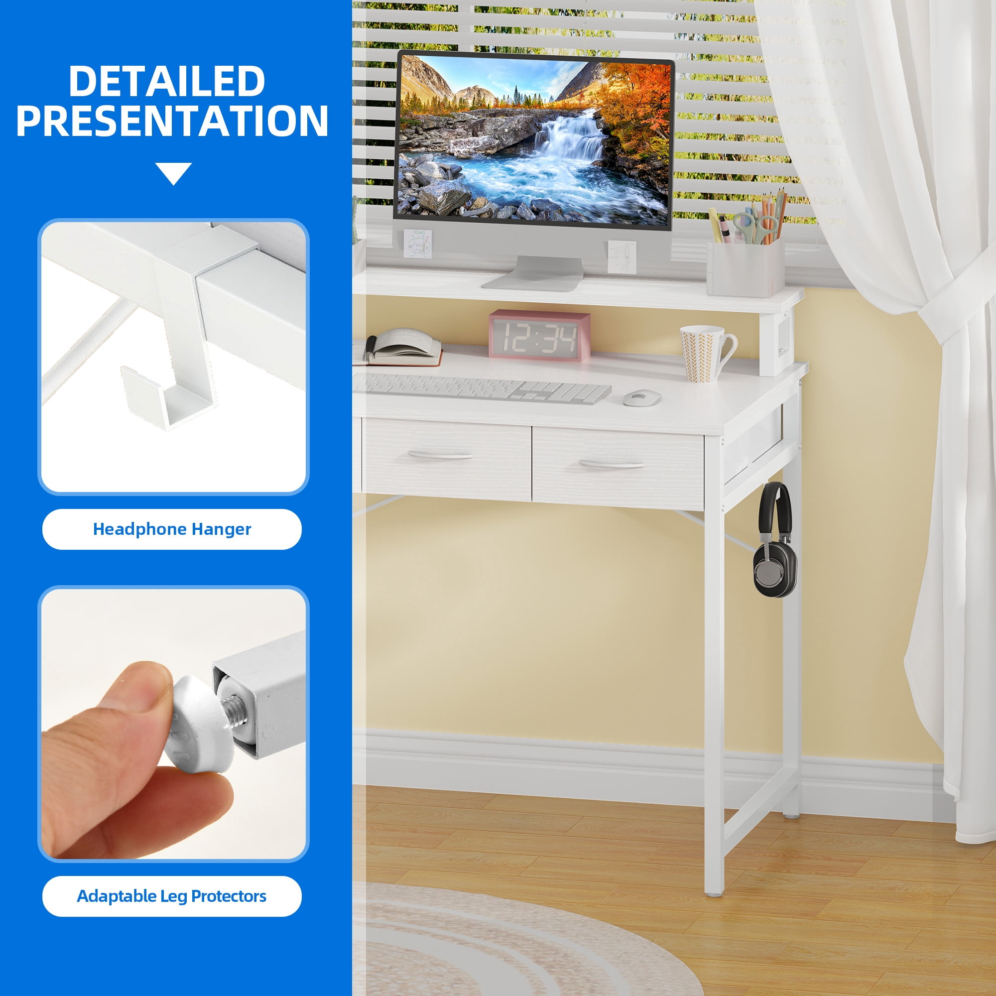 Uforic 31" Computer Desk with Monitor Stand & 3 Drawers, Modern Small Study Desk with Hooks , Home Office Desk Writing Desk for Small Space,Living Bedroom, Gaming, White