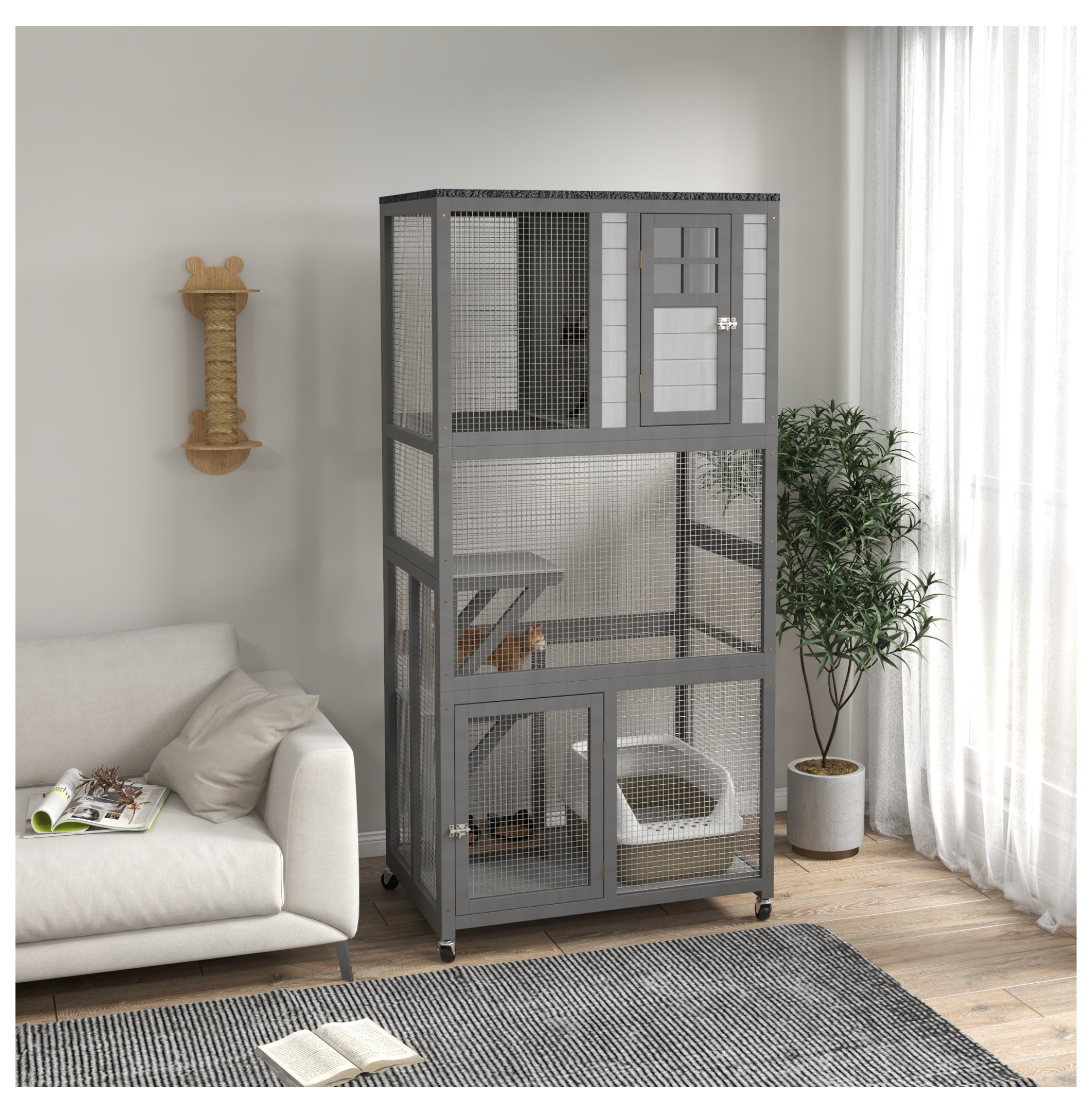 74" Wooden Catio Outdoor Cat House Weatherproof & Wheeled, Outside Cat Enclosure with High Weight Capacity, Kitten Cage Condo, Light Gray