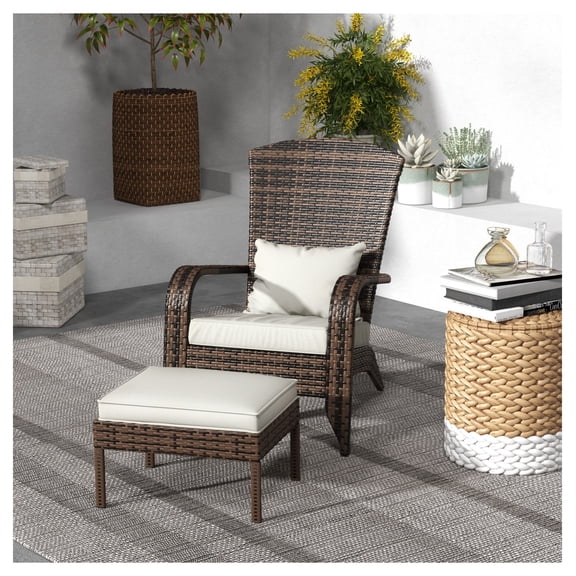 Wicker Adirondack Chair Set with Ottoman & Cushions, White Patio Furniture