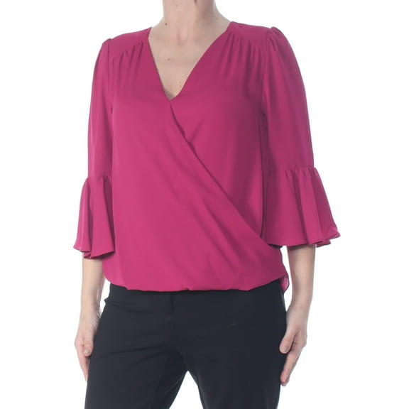 INC $69 Womens New 1222 Purple Ruffled V Neck Bell Sleeve Wrap Top S Petites B B