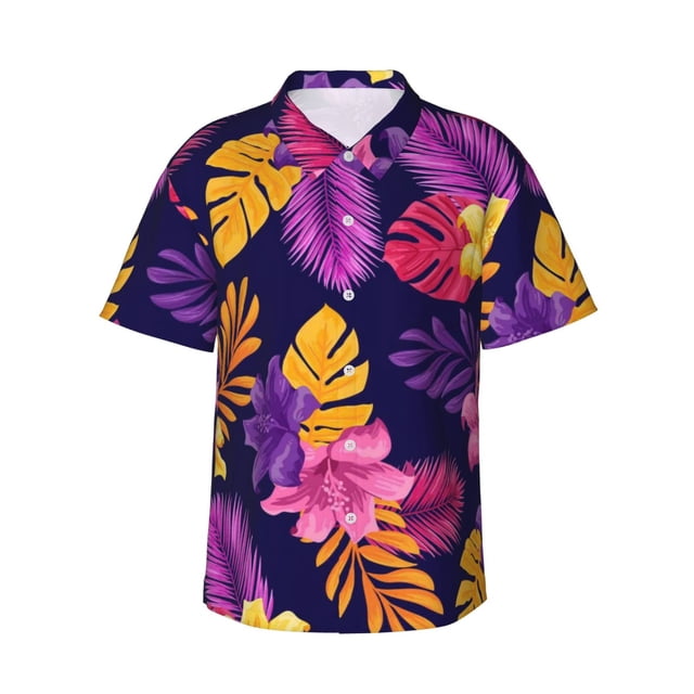Balery Purple Flower Camisas hawaianas de manga corta para hombre, camisas playeras de corte holgado, camisas de vacaciones con botones,Medium