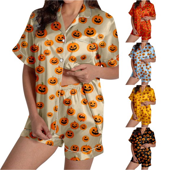 RMGVDSD Halloween Pajamas Set for Women 2 Piece Cute Pumpkin Print Short Sleeve Sleepwear Button Down Loungewear Holiday Party Pajama Shorts Sets