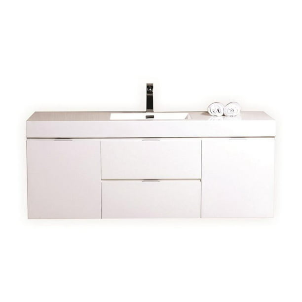 Single Sink High Gloss White Wall Mount, 60 Inch Floating Single Sink Vanity