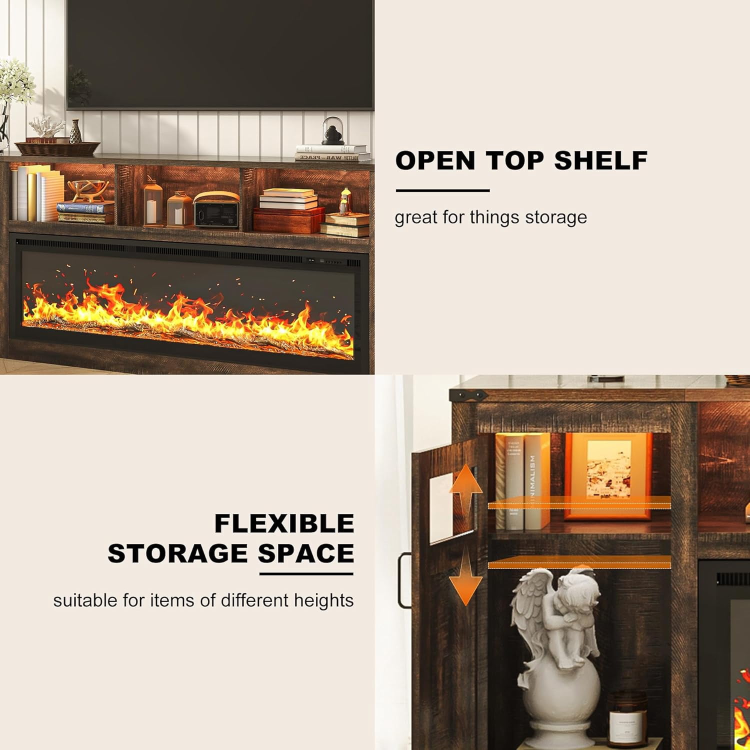 ChVans 95" Farmhouse Fireplace TV Stand for 90/100"TV with 60'' Electric Fireplace, LED Large Entertainment Center with Lights & Power Outlets & 2 Barn Doors Storage Cabinet for Living Room, Brown