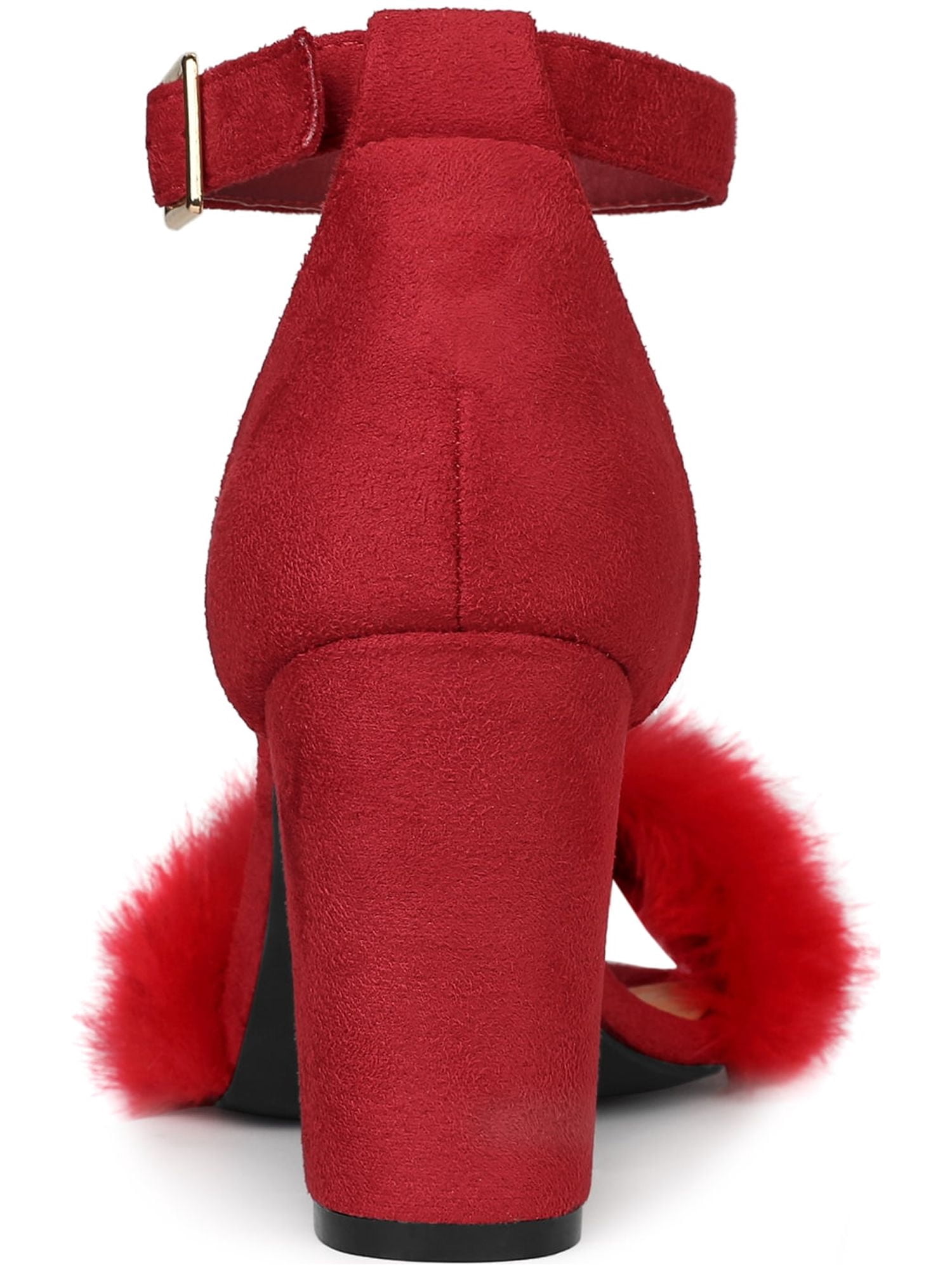 DARING DIVA Women's Ankle Strap Faux Fur Block Heels Beige Sandals for Wear Red 9