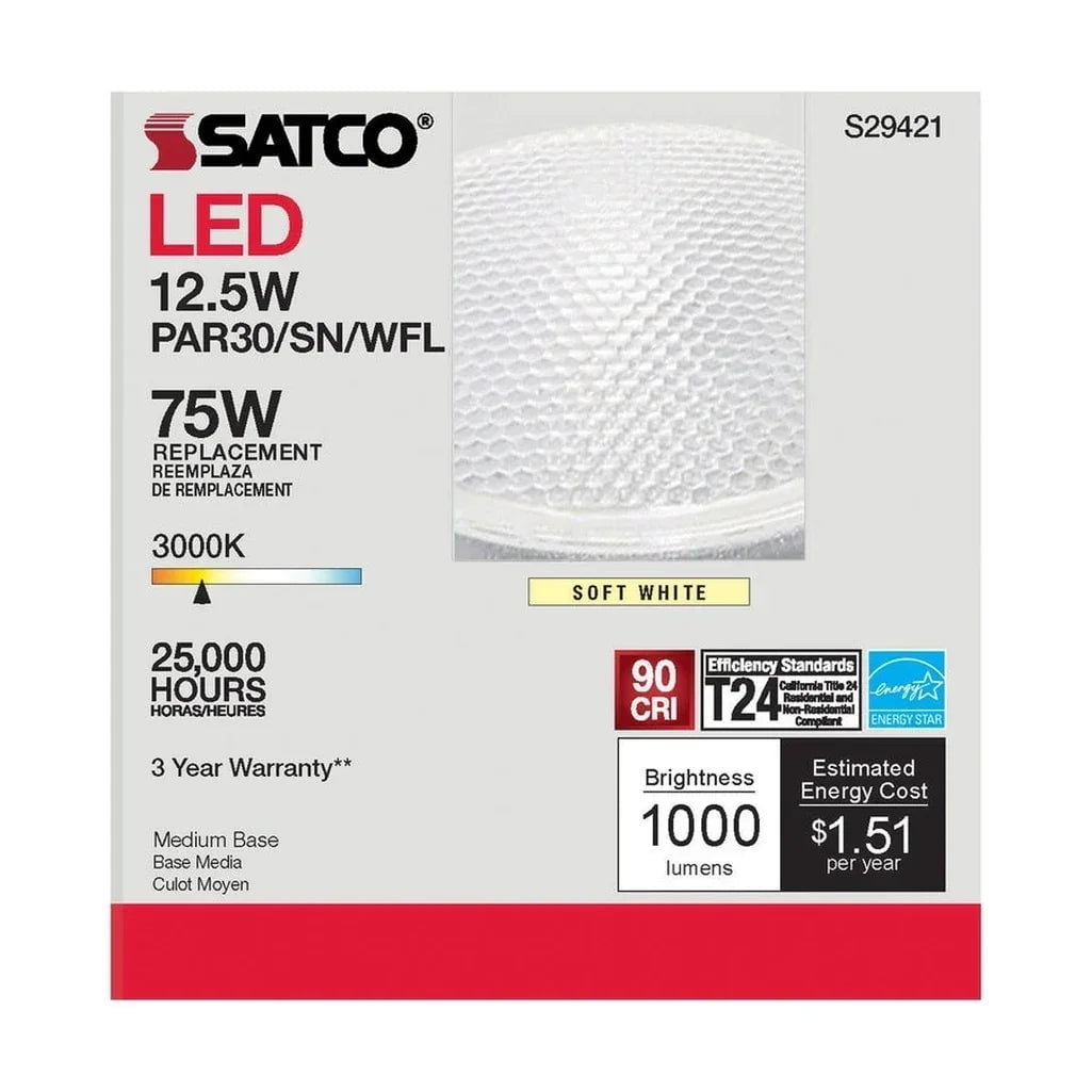 SATCO S29421 PAR30SN Reflector LED Bulbs 12.5W 120V 3000K 1000 Lumen E26 Medium Base Dimmable WET Location (6 Pack)