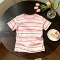 thumbnail image 4 of Kids Striped Short Sleeve T-Shirt Embroidered Letter Crew Neck Tee Classic Horizontal Stripe Summer Casual Basic Top for Boys Girls(Pink,1-2 Years), 4 of 4