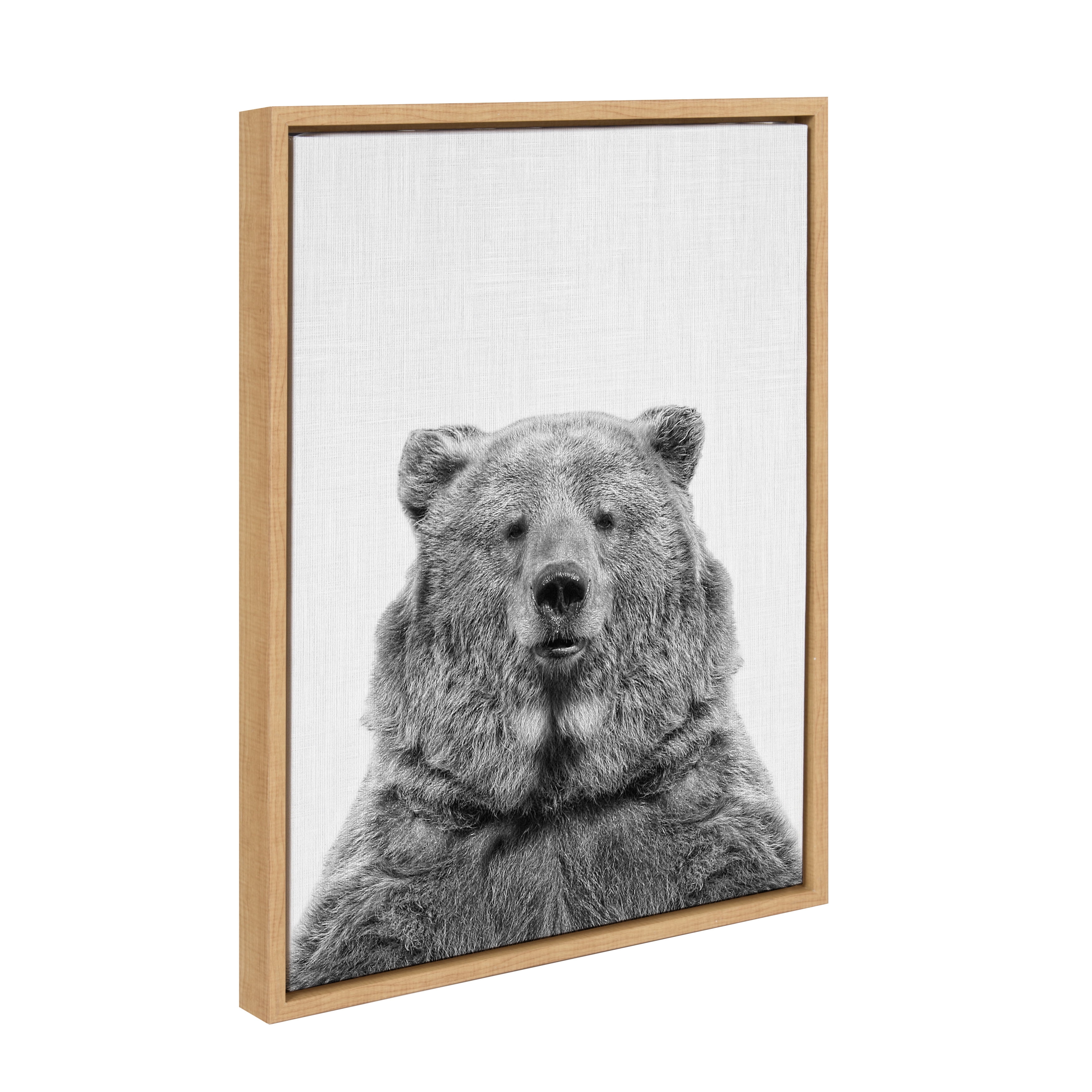 Kate and Laurel Sylvie Bear Animal Print Black and White Portrait Framed Canvas Wall Art by Simon Te Tai, 18x24 Natural