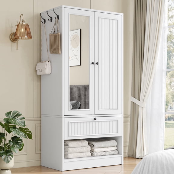 Einhomn 70" Tall Armoire Wardrobe Closet with Mirror & Drawer,2 Doors Wardrobe Cabinet with 3 Side Hooks & Hanging Rod,Clothing Storage Cabinet for Bedroom,White