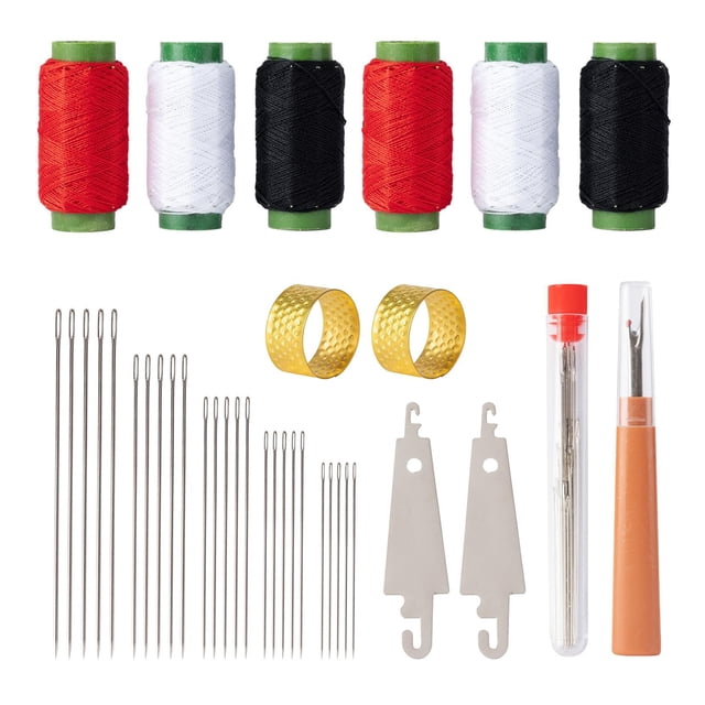 Hioecau 37 Pcs/Set Big Eye Sewing Needles Hand Sewing Kit Stainless Steel Needles with Seam Opener Needle Threaders Assorted Color Threads Thimbles for Sewing Repairs And Crafts