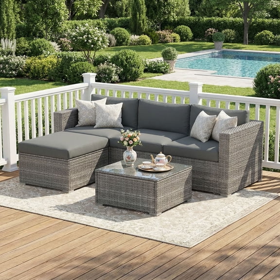 CozyHom 5 PCS Outdoor Patio Wicker Sectional Dining Conversation Set, All Weather Indoor Wicker Sofa Furniture Sets L Shaped Outdoor Couch With Ottoman, Gray