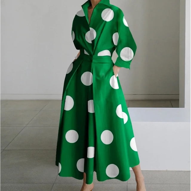 Women's Polo Collar Long Sleeve Maxi Dress - Ankle-Length, Elastic, Button Detail, Polyester